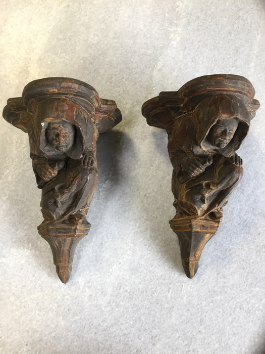 Pair Of Stone Wall Sconces - Monk Holding Scroll