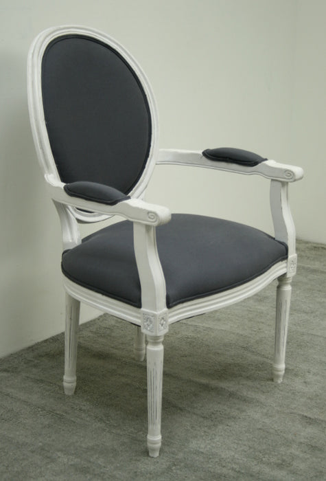 Gray Linen Oval Louis Arm Chair in Antique White Finish