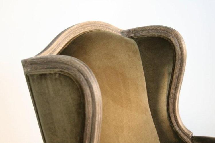 Olive Velvet Wing Chair with Weathered Wood Frame 