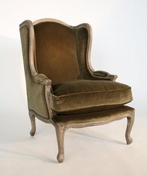 Olive Velvet Wing Chair with Weathered Wood Frame 