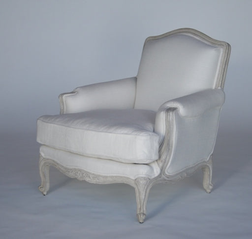 Ivory Linen French Style Club Chair with Antique White Carved Frame