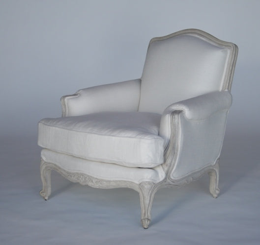 Ivory Linen French Style Club Chair with Antique White Carved Frame