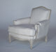 Ivory Linen French Style Club Chair with Antique White Carved Frame