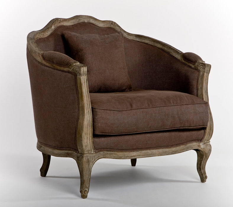 Limed Gray French Style Club Chair with Aubergine Linen Upholstery