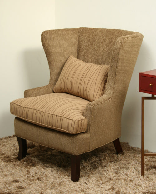 Tan Wing Chair with Striped Cushion
