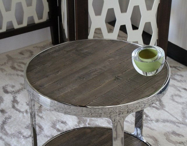 Round Reclaimed Elm and Stainless Steel End Table