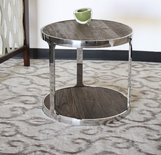 Round Reclaimed Elm and Stainless Steel End Table
