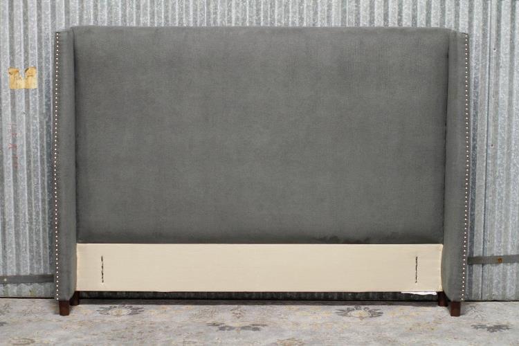 Yale Upholstered Queen Headboard in Charcoal Gray with Pewter Nailhead Trim