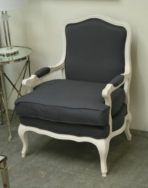 Grey Linen Bergere Chair in Antique White Finish