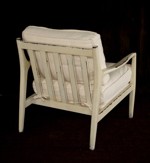 Mid-Century Style Lounge Chair with Distressed Ivory Frame