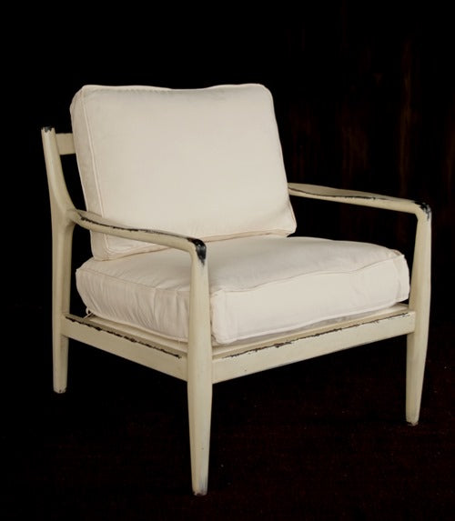 Mid-Century Style Lounge Chair with Distressed Ivory Frame