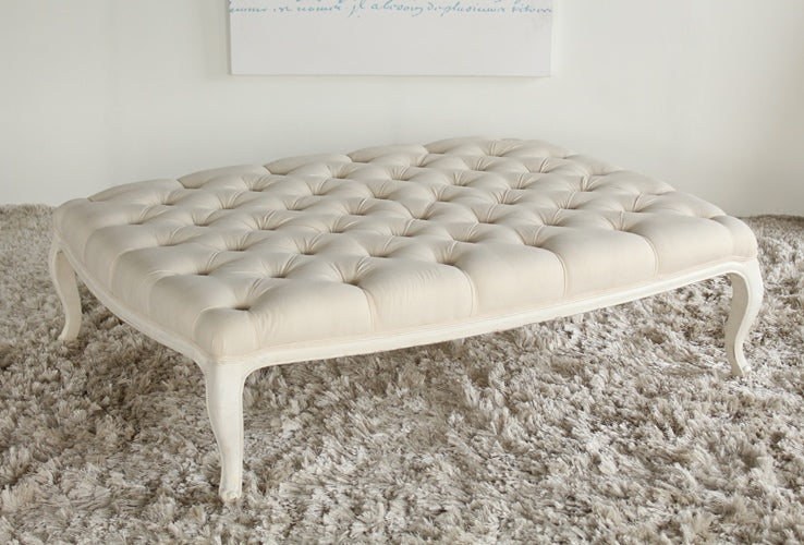 Antique White Linen Tufted Ottoman