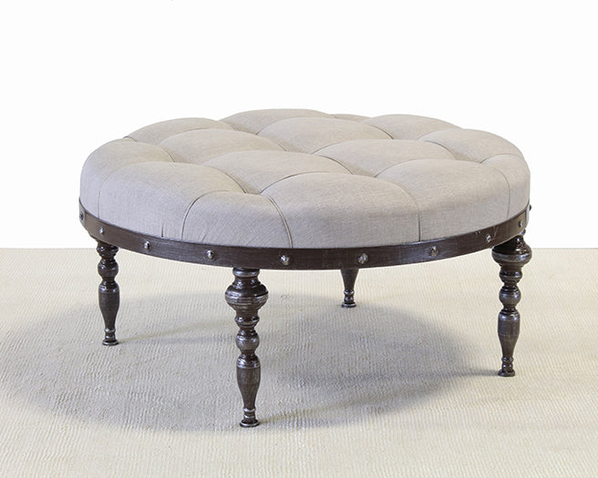 Taupe Tufted Ottoman With Mahogany Wood Base