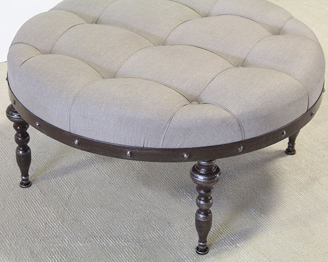 Taupe Tufted Ottoman With Mahogany Wood Base