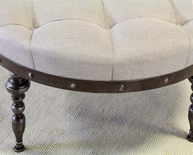 Taupe Tufted Ottoman With Mahogany Wood Base