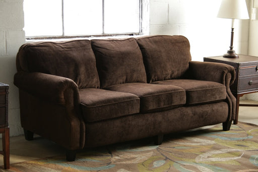 Brown Velvet Rolled-Arm Transitional  Sofa