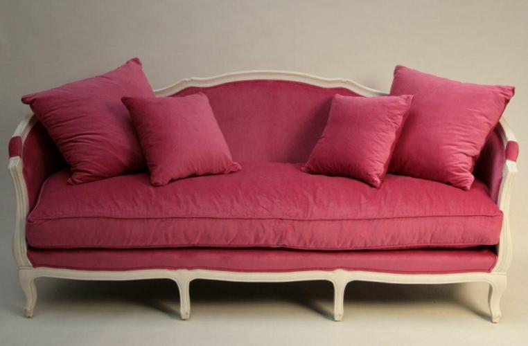 Antique White French Style Sofa with Hot Pink Velvet Upholstery