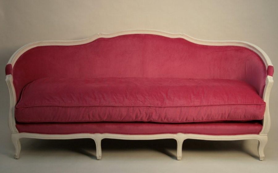 Antique White French Style Sofa with Hot Pink Velvet Upholstery