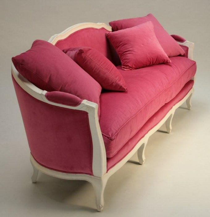 Antique White French Style Sofa with Hot Pink Velvet Upholstery