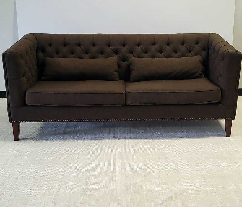 Tufted Brown Sofa with Antique Brass Nailhead Trim